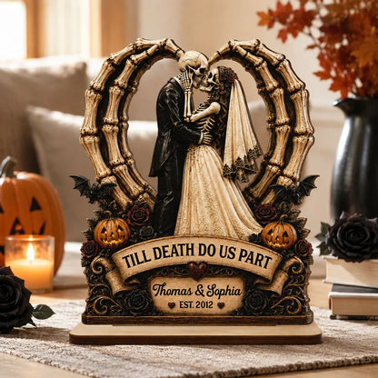 Personalized 2-Layer Wooden Plaque, Kissing Skeleton Couple Halloween Decor, Unique Gift for Couples