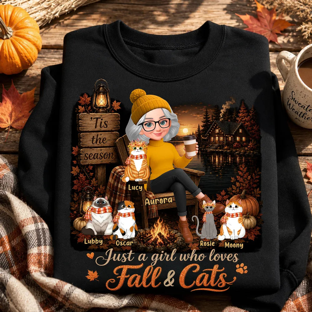 Personalized Classic Tee, Woman With Cats in Cozy Fall Cabin Scene, Unique Gift for Cat Moms