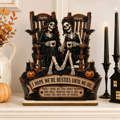 Personalized 2-Layer Wooden Plaque, Seated Skeleton Besties Holding Mugs, Unique Gift for Close Friend
