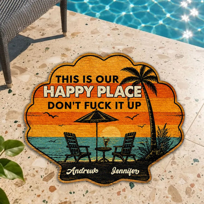 Personalized Shaped Doormat, Tropical Sunset Happy Place, Unique Creative Gift for Couples