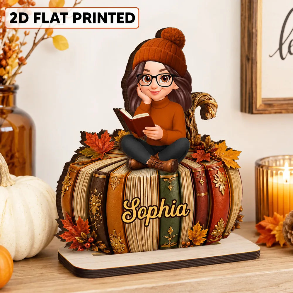 Personalized 2-Layer Wooden Plaque, Girl Reading On Pumpkin Books, Unique Gift For Book Lovers