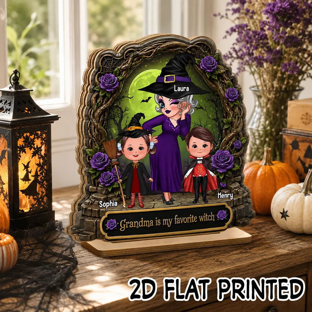 Personalized 2-Layer Wooden Plaque, Witch Grandma with Grandkids, Unique Halloween Gift
