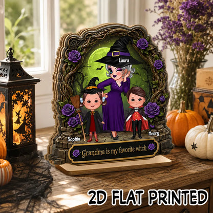 Personalized 2-Layer Wooden Plaque, Witch Grandma with Grandkids, Unique Halloween Gift