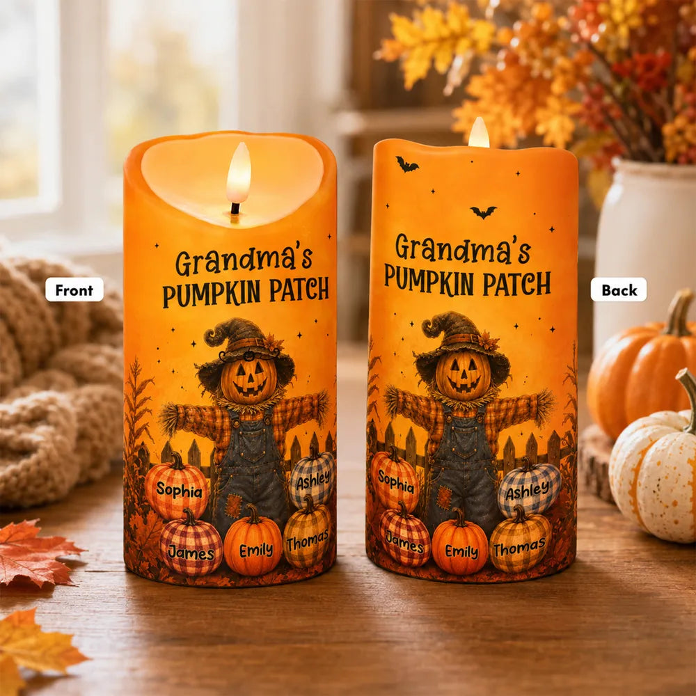 Personalized Flameless LED Candle with Pumpkin Scarecrow, Autumn Decor, Unique Gift for Grandma