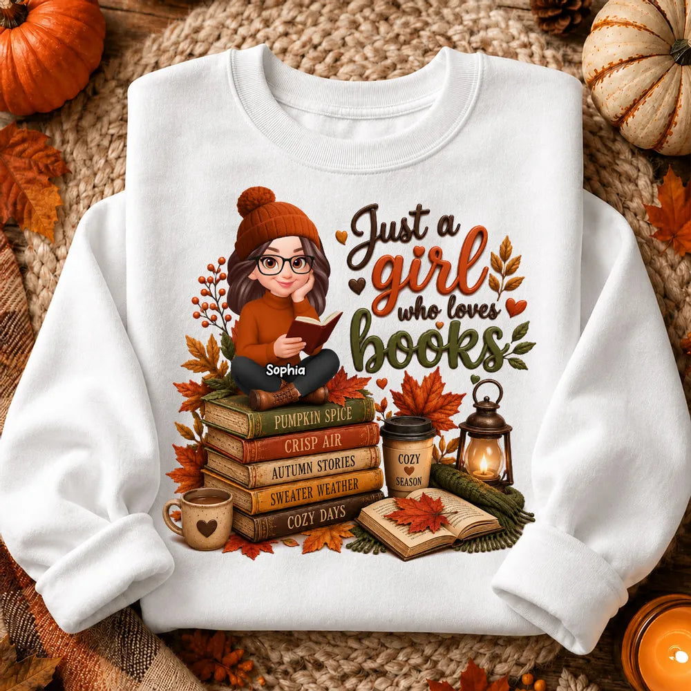 Personalized Classic Tee, Warm Autumn Reading Girl, Just a Girl Who Loves Books, Unique Gift for Readers
