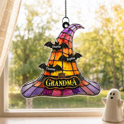 Personalized Acrylic Suncatcher Ornament, Grandma Witch Hat With Bats, Unique Halloween Gift