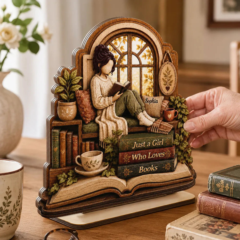 Personalized Wooden Plaque for Book Lover, Girl Reading in Cozy Window Nook, Unique Creative Gift