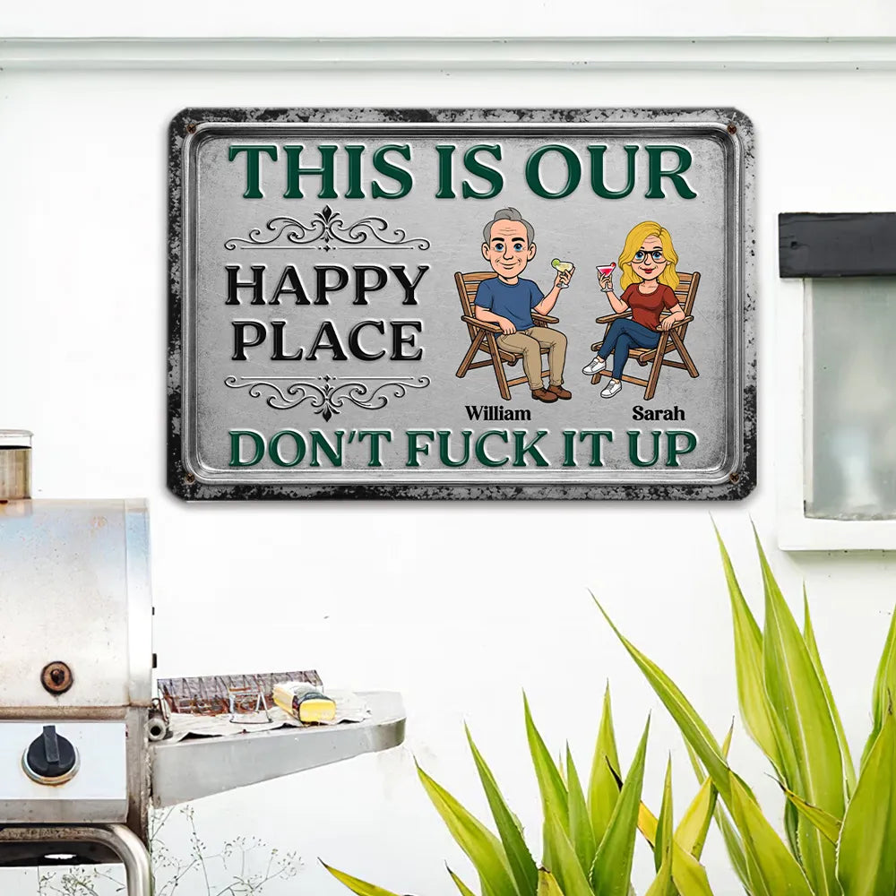 Personalized Rectangular Iron Sign, Seated Couple Our Happy Place, Unique Creative Gift for Couples