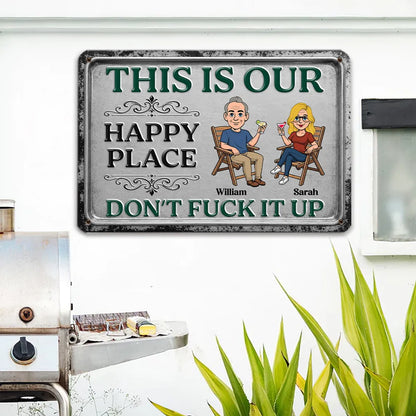 Personalized Rectangular Iron Sign, Seated Couple Our Happy Place, Unique Creative Gift for Couples