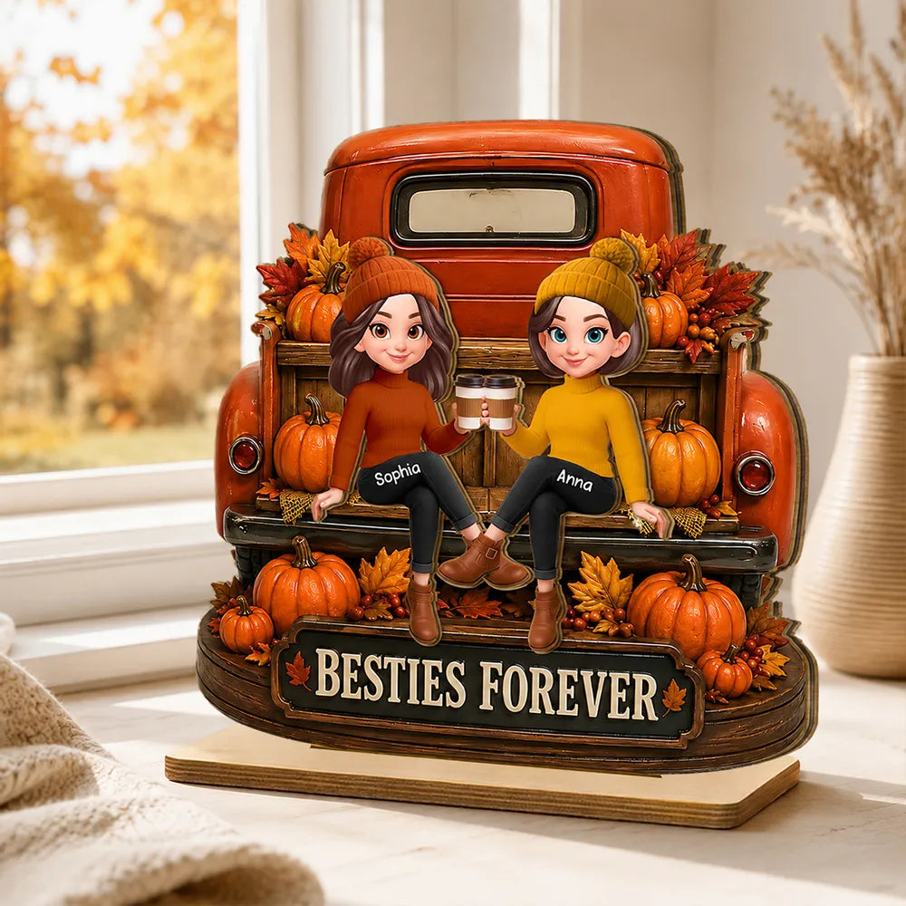 Personalized 2-Layer Wooden Plaque, Fall Truck Besties Forever, Unique Gift for Friend