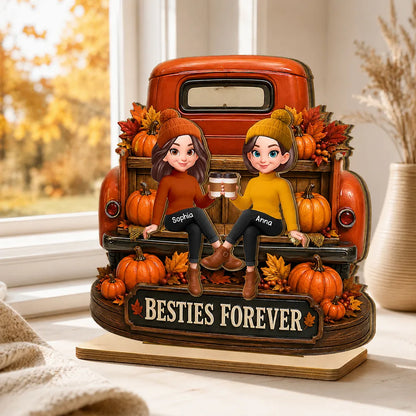 Personalized 2-Layer Wooden Plaque, Fall Truck Besties Forever, Unique Gift for Friend