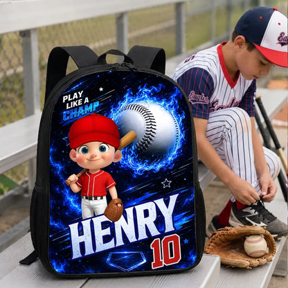 Personalized Kids School Backpack With Baseball Cartoon Player, Unique Back to School Gift for Son or Daughter