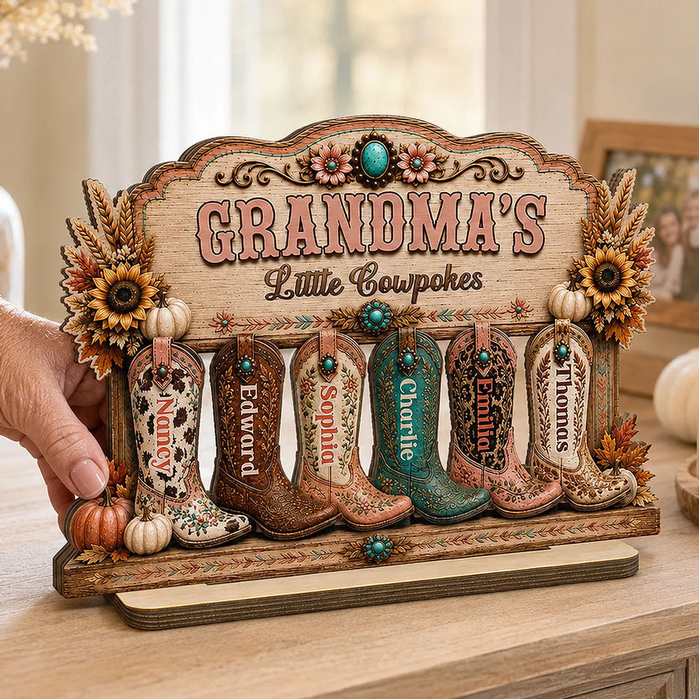Personalized 2-Layer Wooden Plaque with Western Boots, Unique Gift for Grandma's Little Cowpokes
