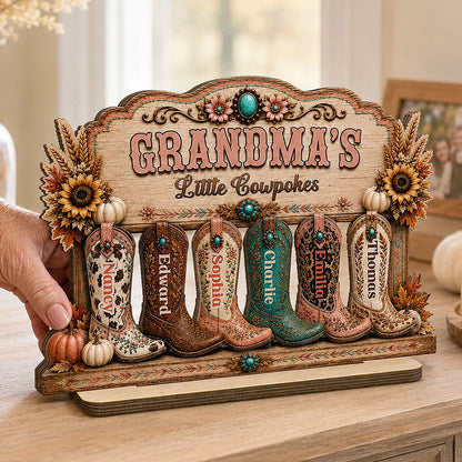 Personalized 2-Layer Wooden Plaque with Western Boots, Unique Gift for Grandma's Little Cowpokes