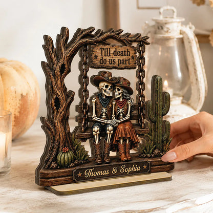 Personalized 2-Layer Wooden Plaque, Cowboy Skeleton Couple Halloween Decor, Unique Gift for Couple