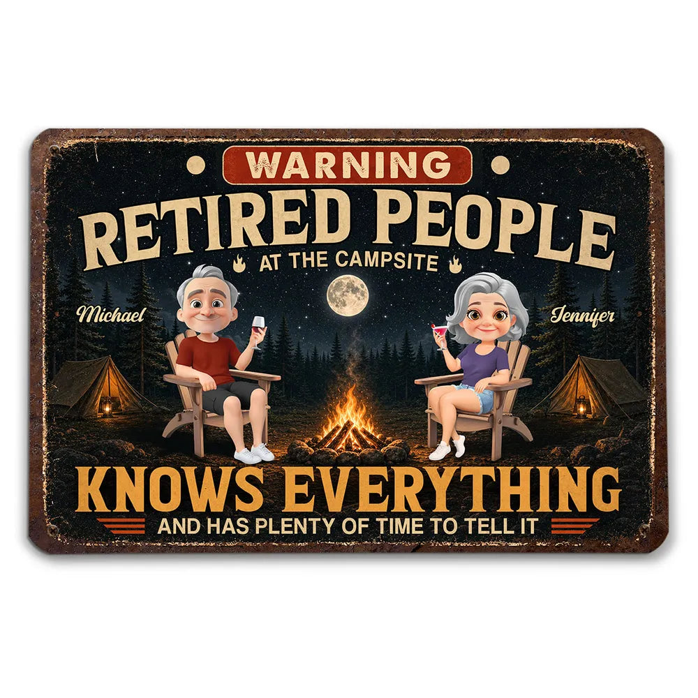 Personalized Rectangular Iron Sign, Retired Campsite Cartoon, Unique Gift for Retirees