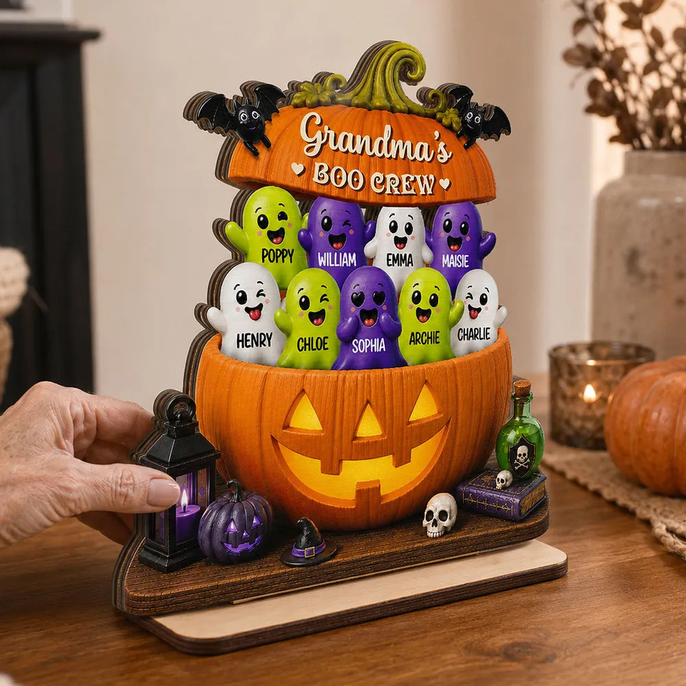 Grandma's Boo Crew Personalized Wooden Plaque, Smiling Ghost Pumpkin Unique Gift for Grandma