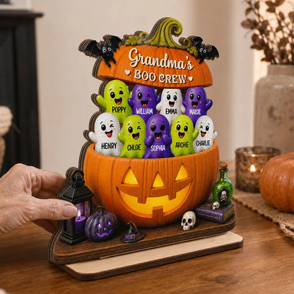 Grandma's Boo Crew Personalized Wooden Plaque, Smiling Ghost Pumpkin Unique Gift for Grandma