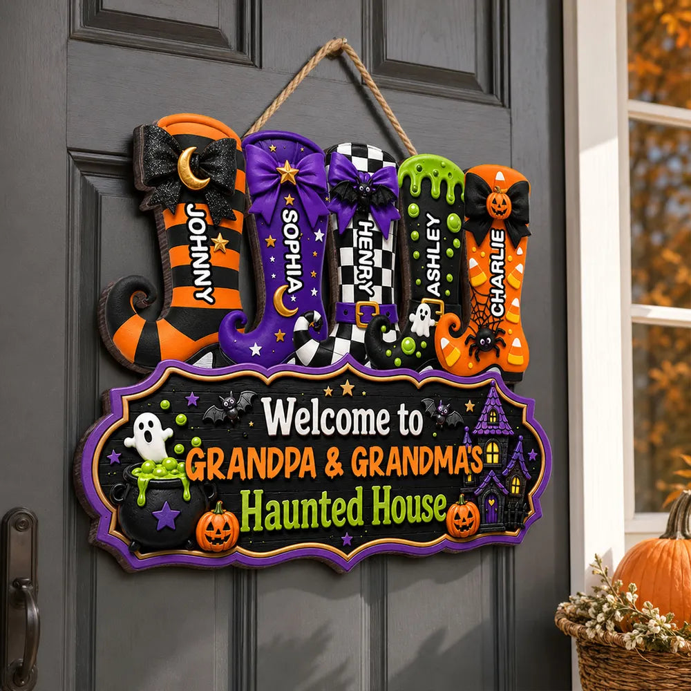 Personalized Wooden Sign With Witch Boots For Grandparents, Halloween Haunted House Creative Gift