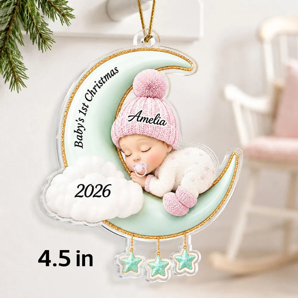 Acrylic Ornament With Sleeping Baby On Moon, Creative Christmas Gift For Baby & Family
