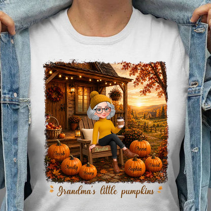 Personalized Classic Tee, Grandma Sitting on Fall Porch, Unique Gift from Grandkids
