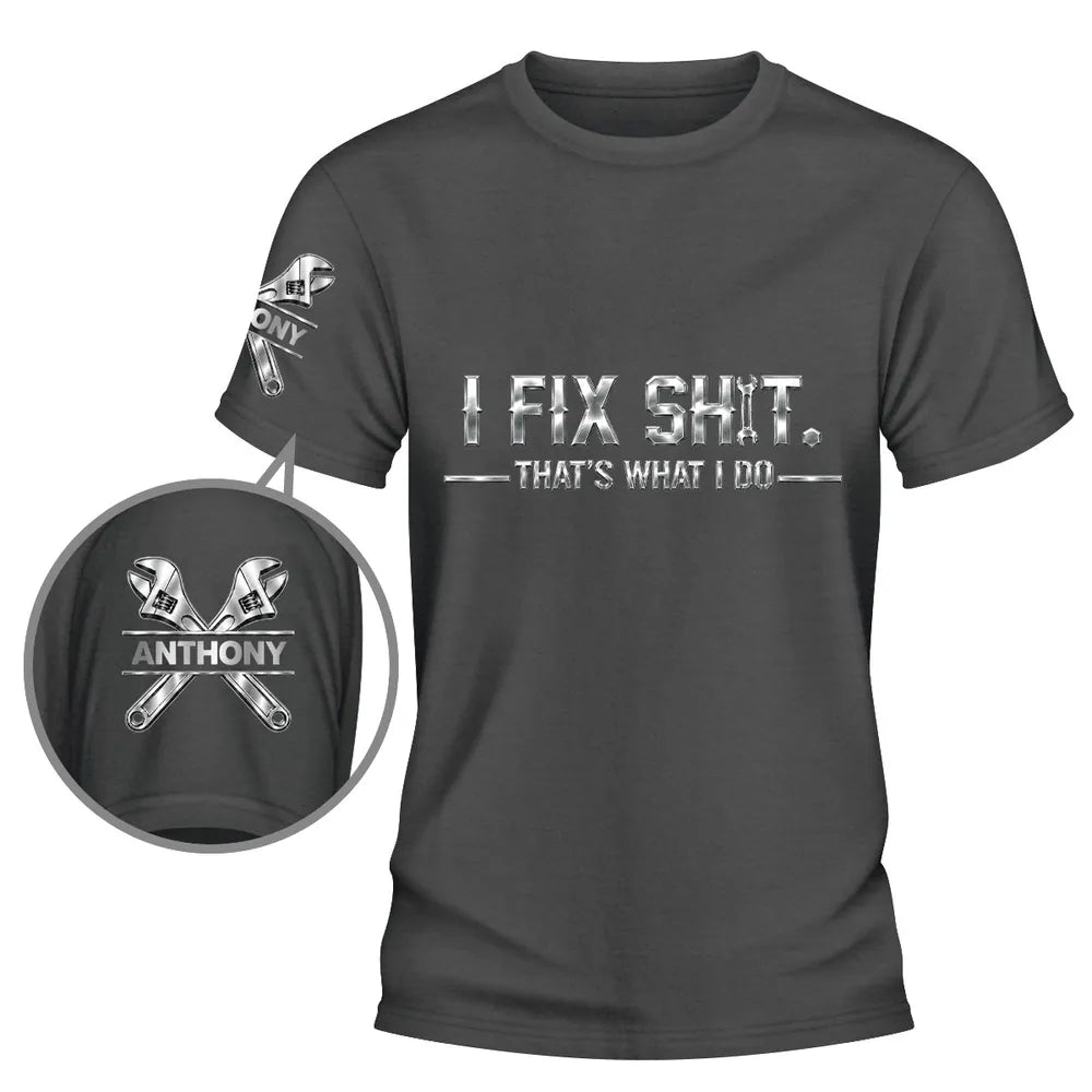 Personalized Dual Print Classic Tee with Mechanic Wrench Art, Unique Creative Gift for Fix-It Guys