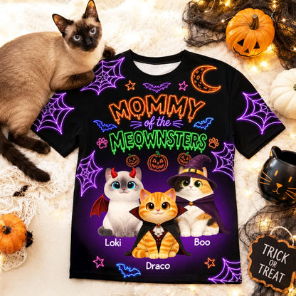 Personalized Printed Classic Tee, Neon Halloween Cats in Costumes, Unique Gift for Cat Mom