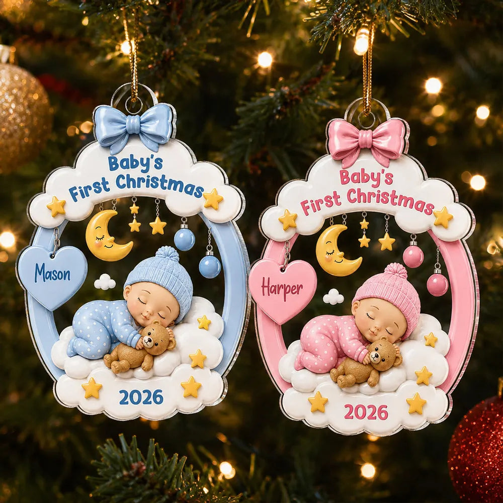 Personalized Acrylic Ornament, Sleeping Baby Moon & Stars, Unique First Christmas Gift for New Parents