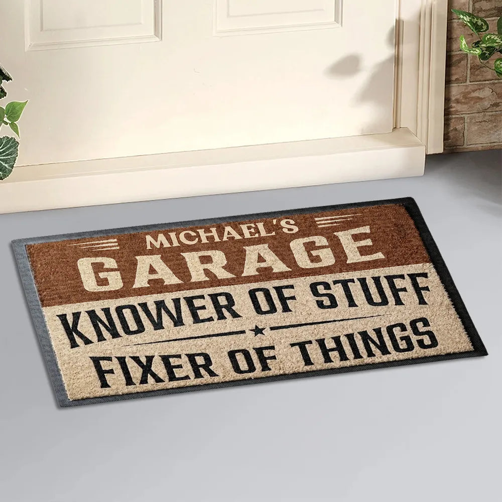 Standard Doormat, Personalized Garage Knower of Stuff Design, Rustic Entry Decor, Unique Creative Gift