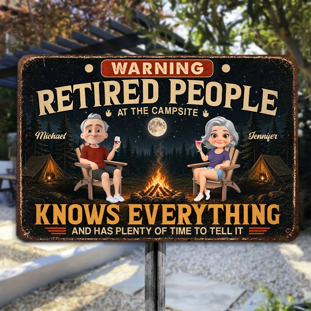 Personalized Rectangular Iron Sign, Retired Campsite Cartoon, Unique Gift for Retirees