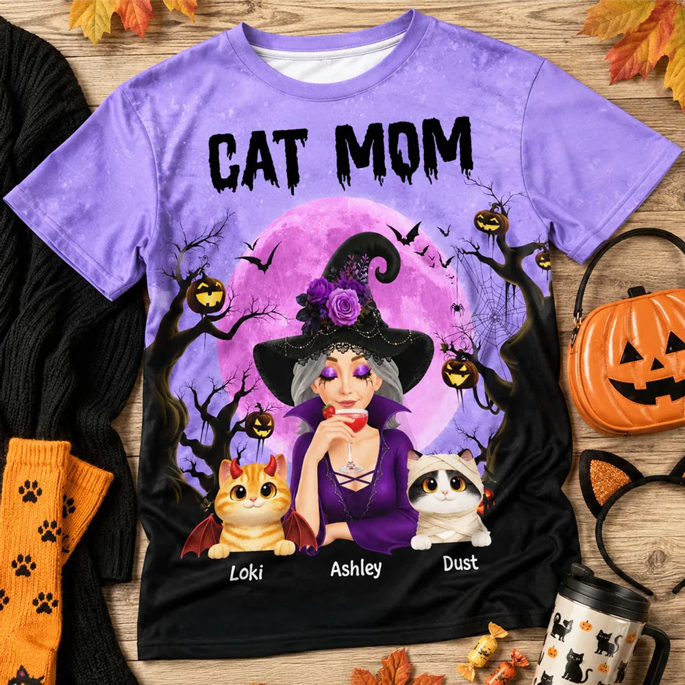 Personalized Cat Mom Printed Classic Tee, Witch and Cats Under Purple Moon, Creative Halloween Gift for Cat Lovers