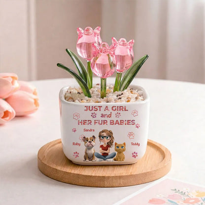 Personalized Square Glass Planter, Pink Tulips With Girl & Fur Babies, Unique Gift For Pet Mom