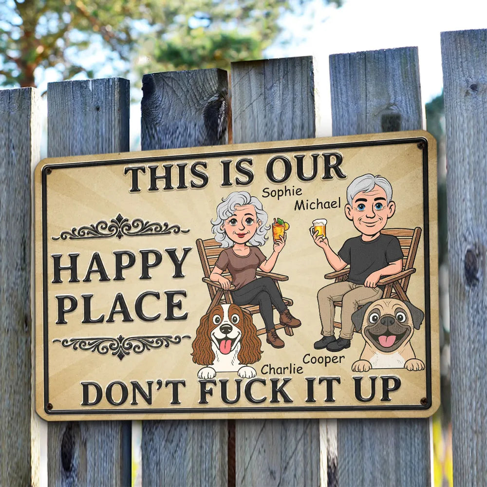 Personalized Rectangular Iron Sign, Rustic Beige Cartoon of a Couple Sitting with Dogs, Unique Gift for Dog Lovers