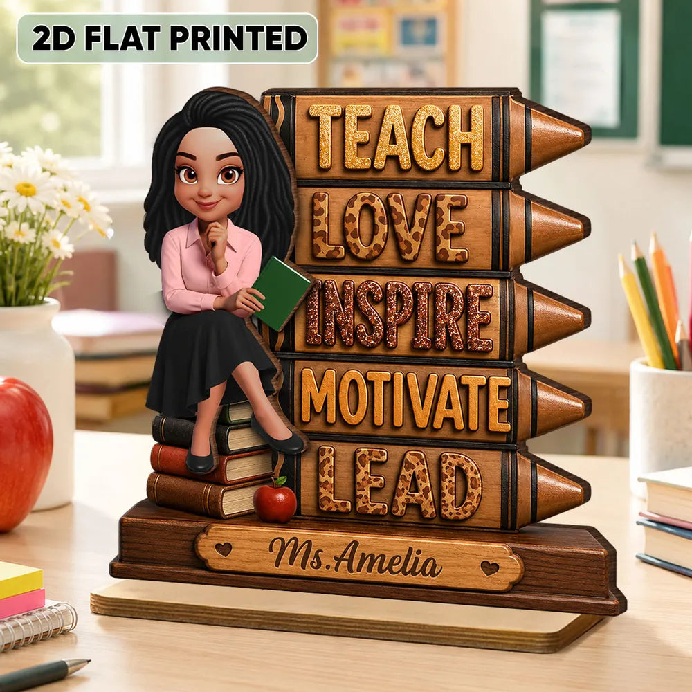 Personalized 2-Layer Wooden Plaque for Teacher, Teach Love Inspire Motivate Lead, Unique Classroom Gift
