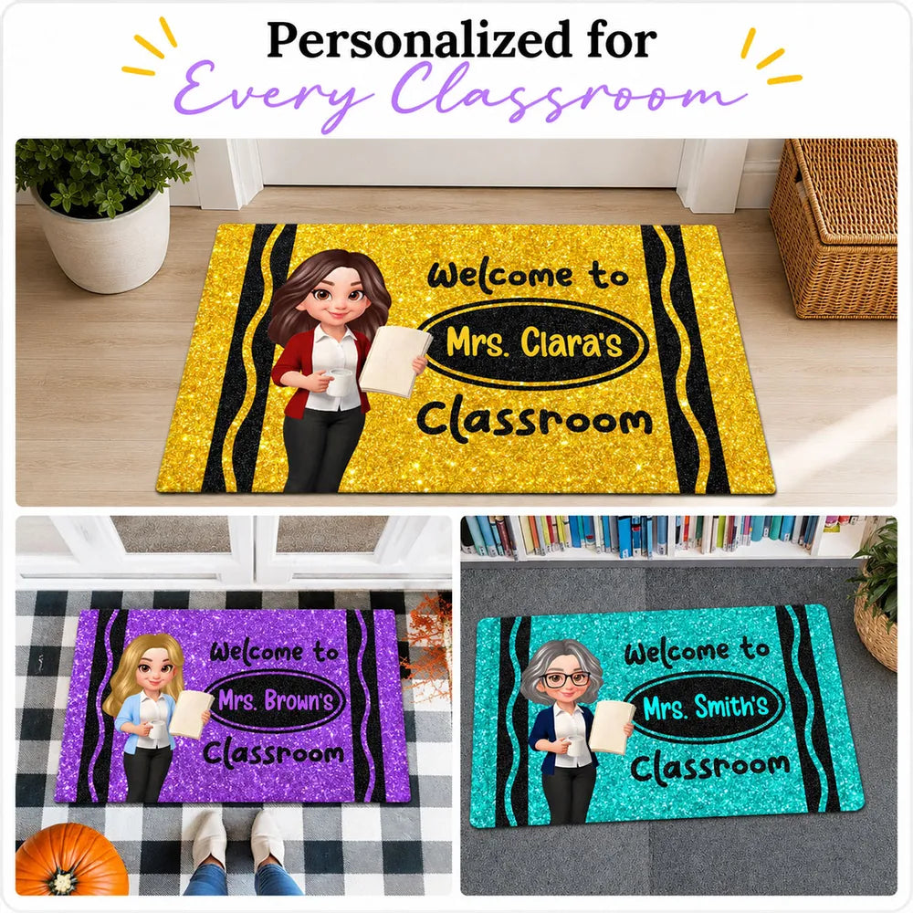Standard Doormat, Classroom Welcome with Cartoon Teacher Holding Book, Creative Gift for Teacher Entryway
