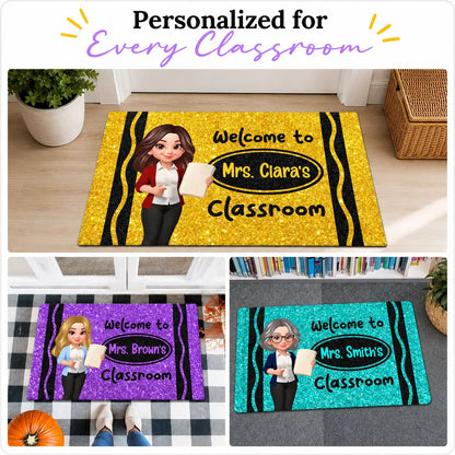 Standard Doormat, Classroom Welcome with Cartoon Teacher Holding Book, Creative Gift for Teacher Entryway