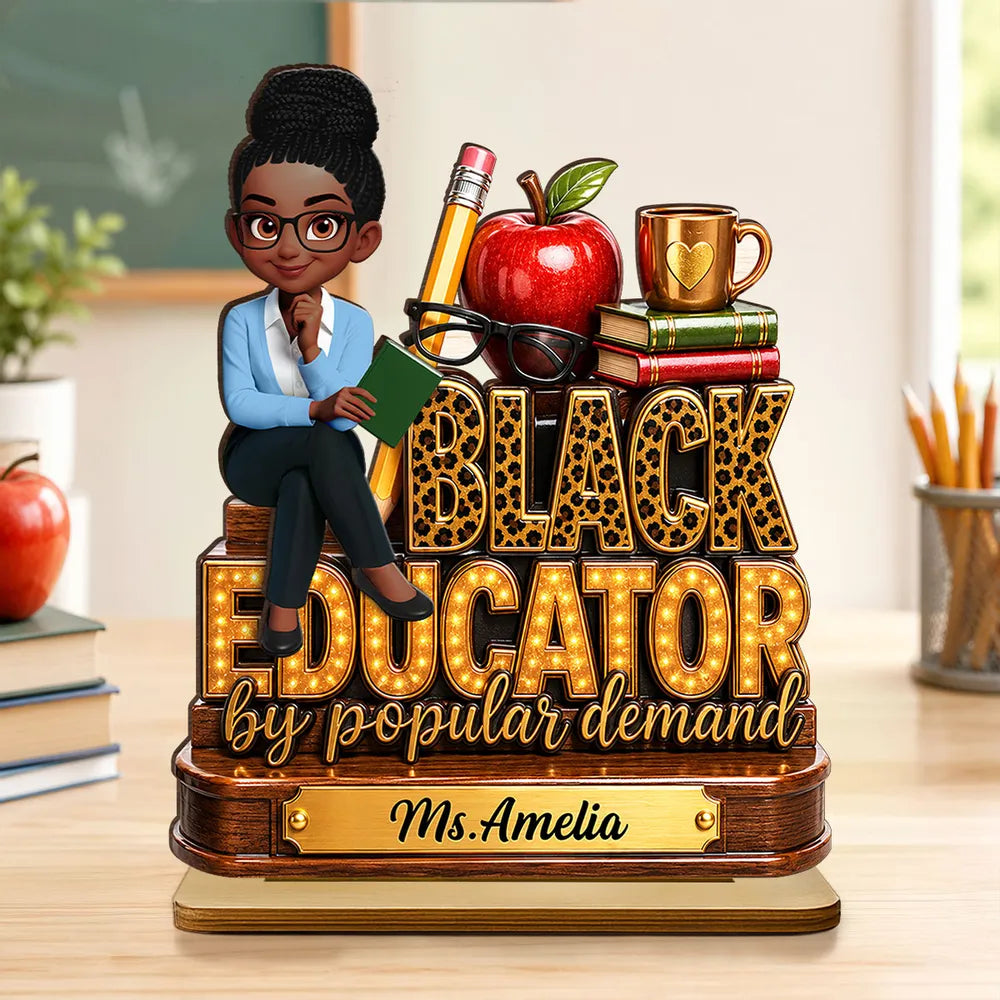 2-Layer Wooden Plaque, Black Educator Sitting Teacher Classroom Art, Unique Gift for Teacher