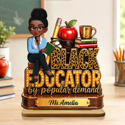 2-Layer Wooden Plaque, Black Educator Sitting Teacher Classroom Art, Unique Gift for Teacher