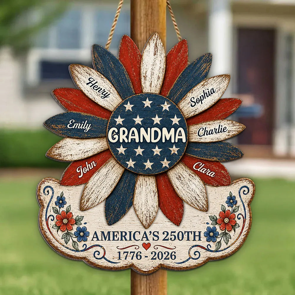 Personalized Patriotic Grandma Wooden Sign, Sunflower Family Decor, Unique Gift for Grandma