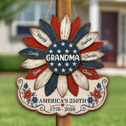 Personalized Patriotic Grandma Wooden Sign, Sunflower Family Decor, Unique Gift for Grandma