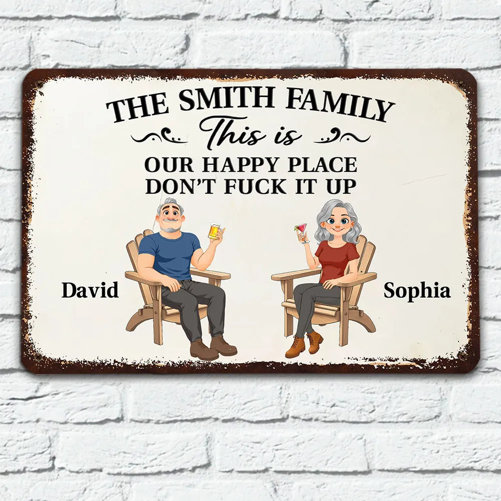 Personalized Rectangular Iron Sign, Seated Couple Happy Place Decor, Unique Gift for Family