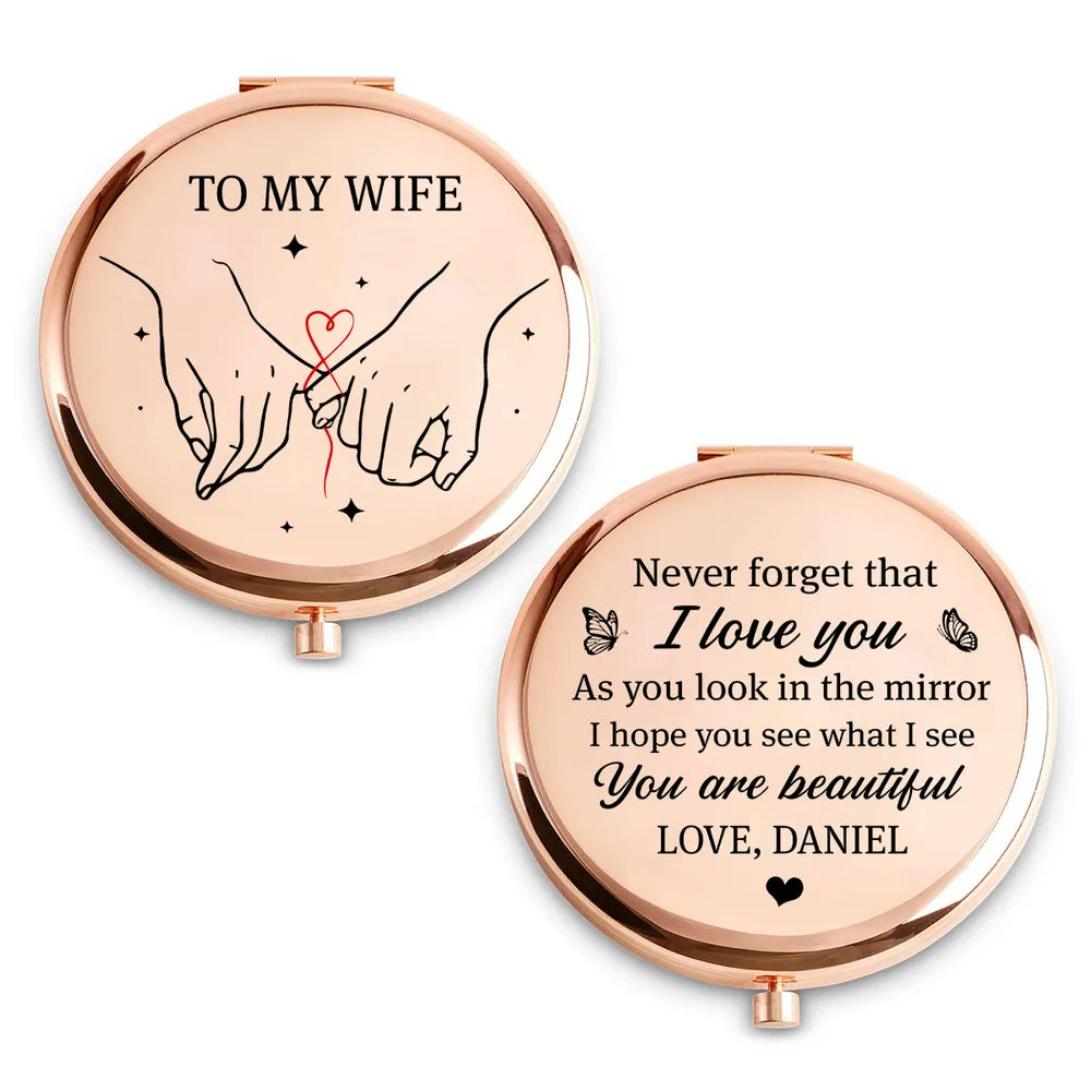 Personalized Metal Compact Mirror For Wife, Pinky Promise Art, Unique Creative Gift She Can Carry