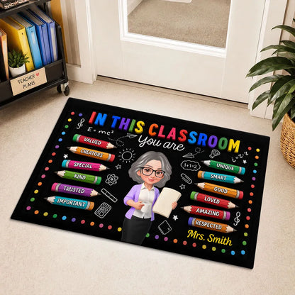 Personalized Standard Doormat, Smiling Teacher Classroom Art, Unique Gift For Teacher Entryway