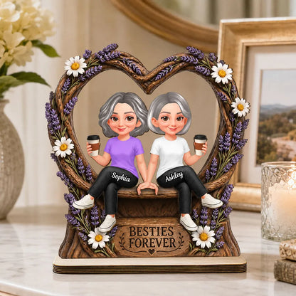 Personalized 2-Layer Wooden Plaque with Sitting Friends, Lavender Heart, Unique Gift for Besties