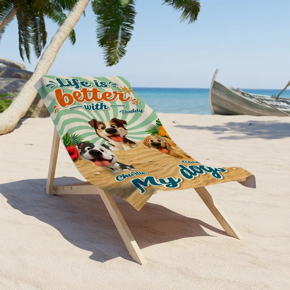 Personalized Beach Towel With Smiling Cartoon Dog, Sunny Beach Style Unique Gift for Dog Lover