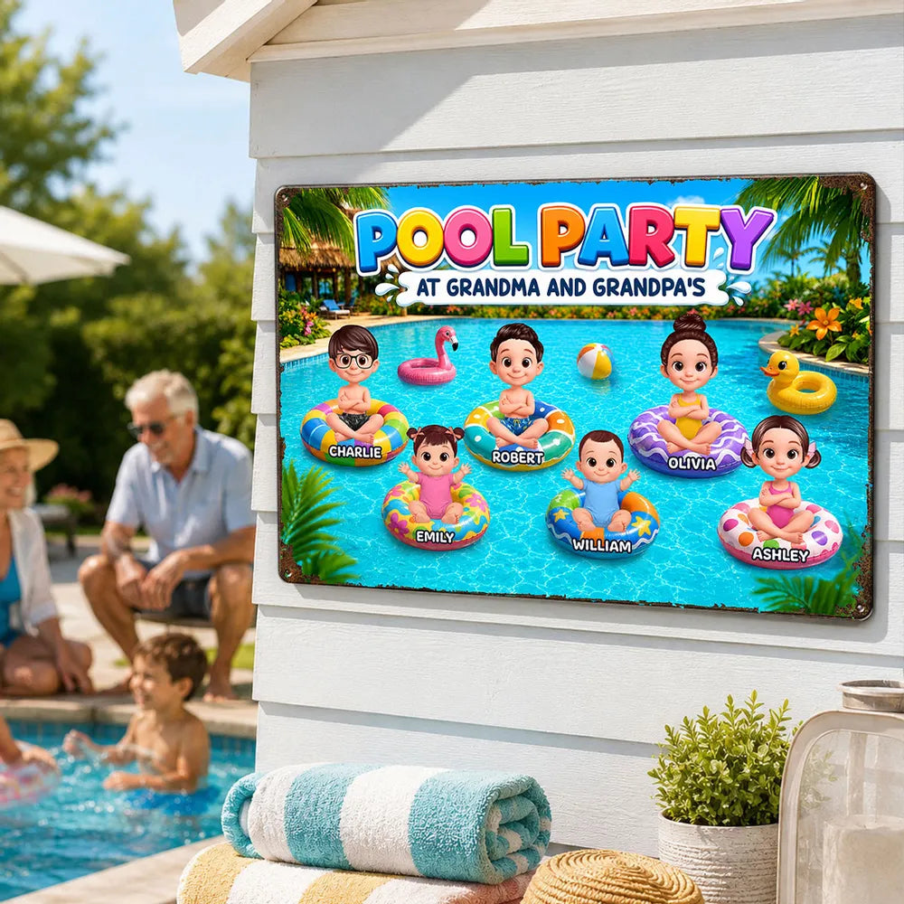 Personalized Rectangular Iron Sign, Pool Party With Cartoon Kids On Floats, Unique Gift For Grandparents