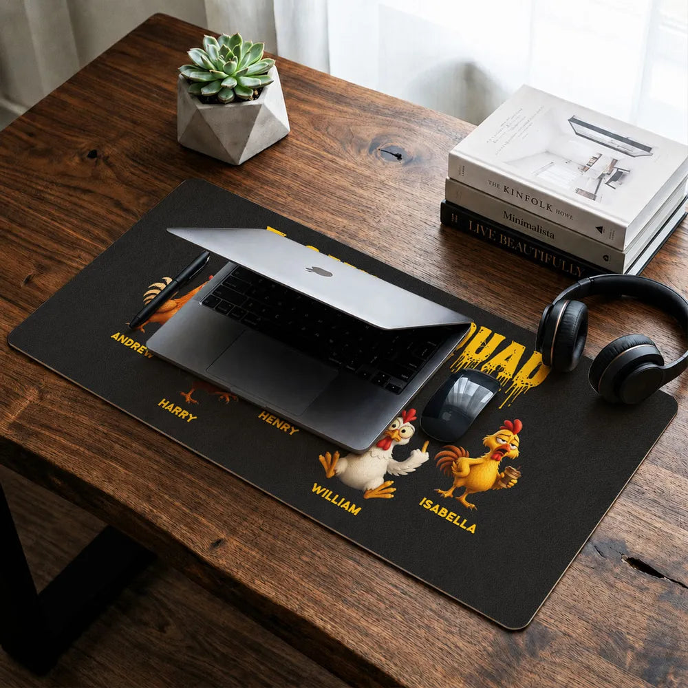Custom Leather Desk Mat, Cute Cartoon Roosters For A Unique Office Gift & Desk Setup