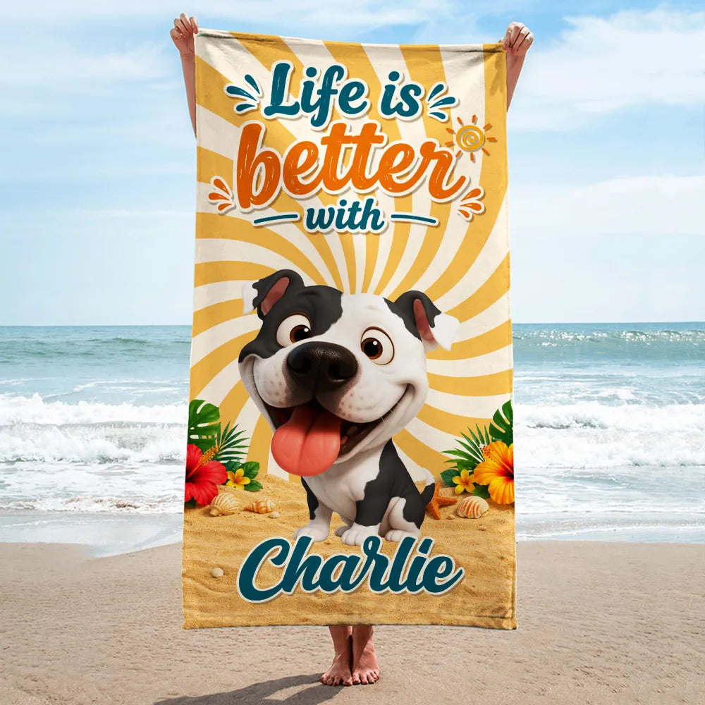 Personalized Beach Towel With Smiling Cartoon Dog, Sunny Beach Style Unique Gift for Dog Lover
