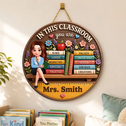 Personalized Wooden Sign for Teacher, Classroom Door Decor with Cartoon Teacher & Books, Unique Gift