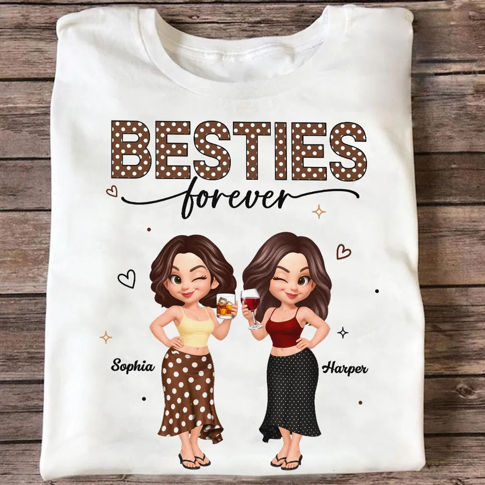 Personalized Besties Forever Classic Tee, Polka Dot Friends Holding Drinks, Unique Gift for Close Friend